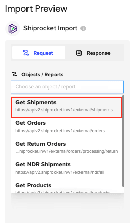 List of ShipRocket objects available for import in Coefficient