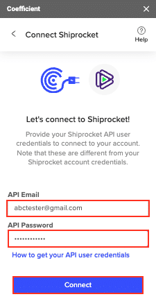 Entering API email and API password into Coefficient