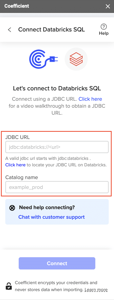 Screenshot of the Databricks authentication screen in Coefficient, requesting JDBC URL and access token.