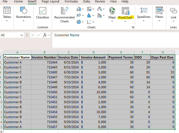 Highlight AR aging data to create a pivot table