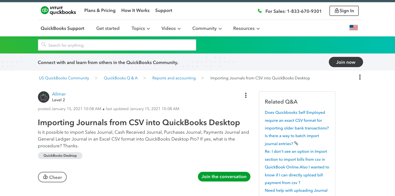 A screenshot of the QuickBooks support page.