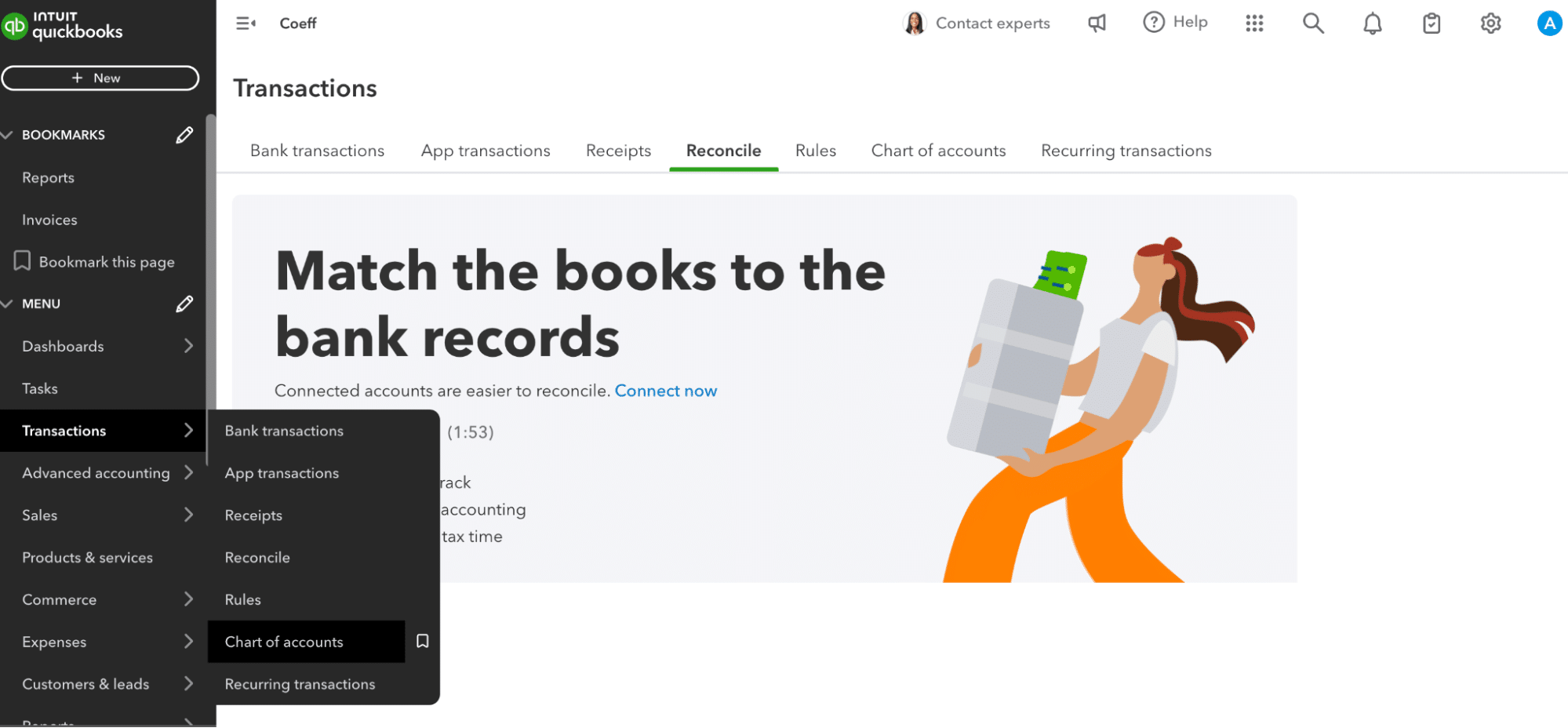 Selecting transaction and chart of accounts from the left-hand side of QuickBooks. 