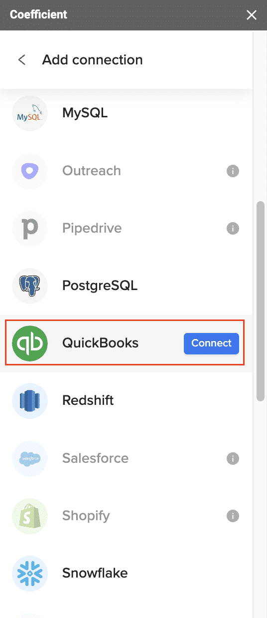 A screenshot of adding QuickBooks as a connection.