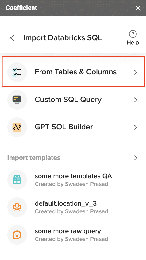 Screenshot showing how to import Databricks tables and columns into Google Sheets using Coefficient.