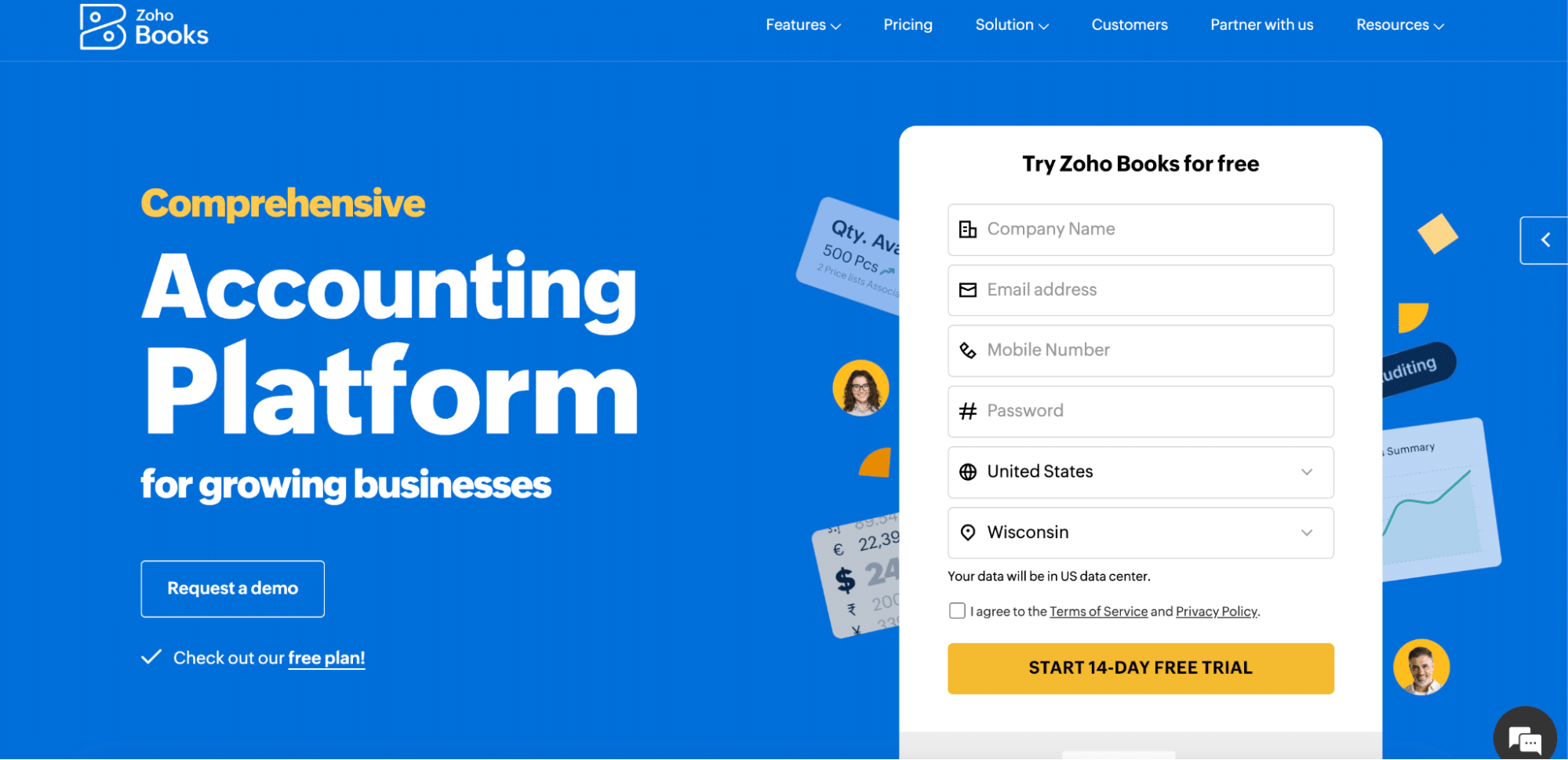 A screenshot of Zoho Books homepage 