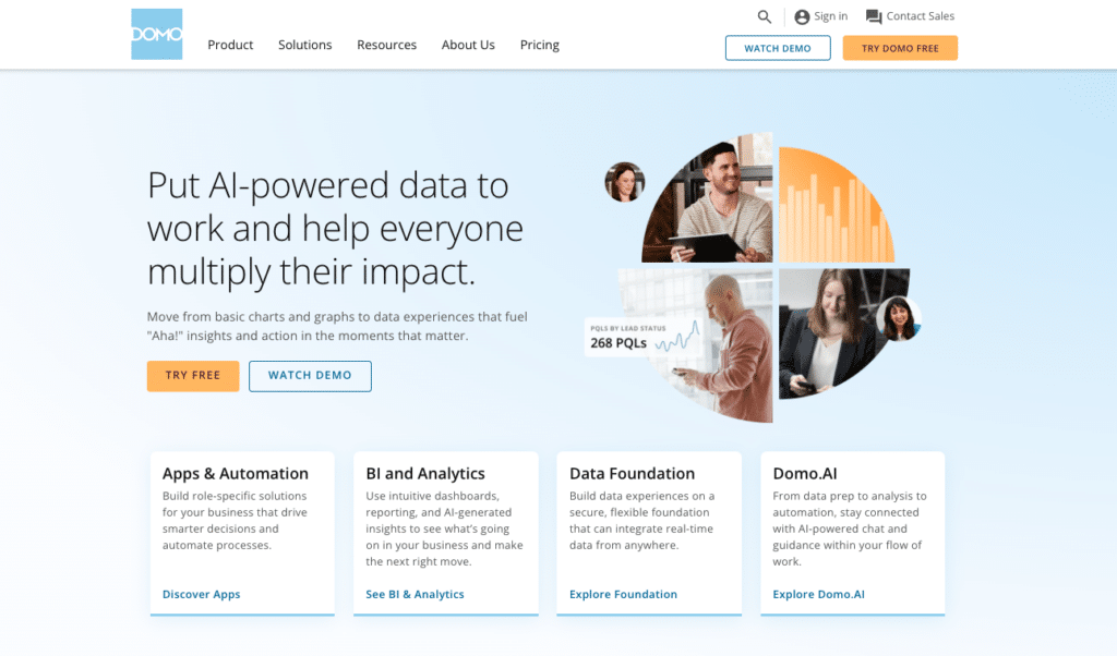 A screenshot of Domo's home screen menu.