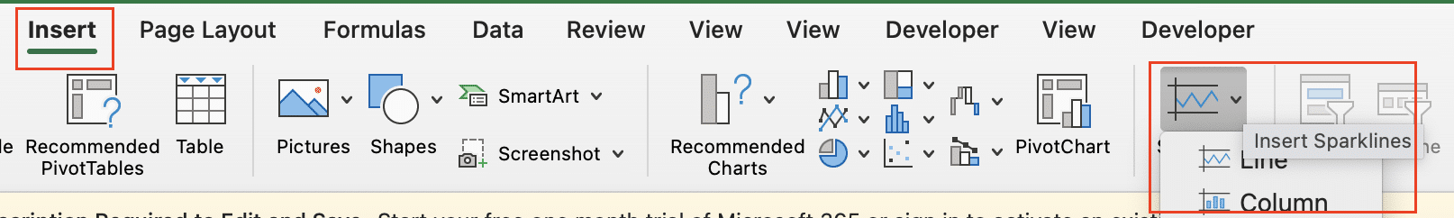 Selecting 'Insert Sparklines' from the menu