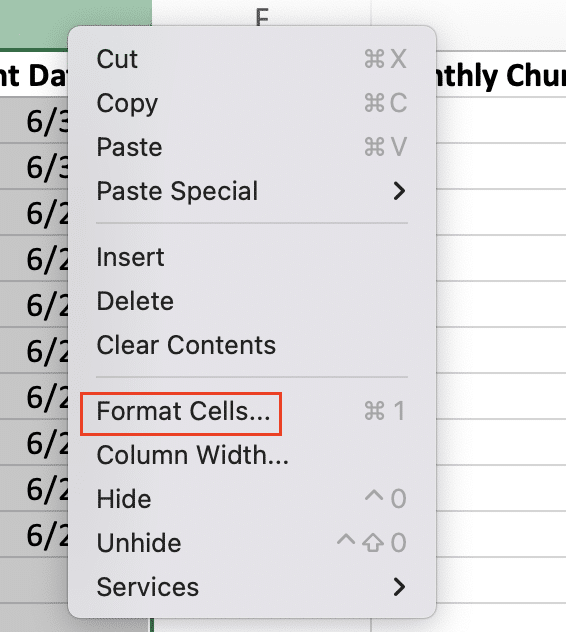 Selecting 'Format Cells' from the menu.