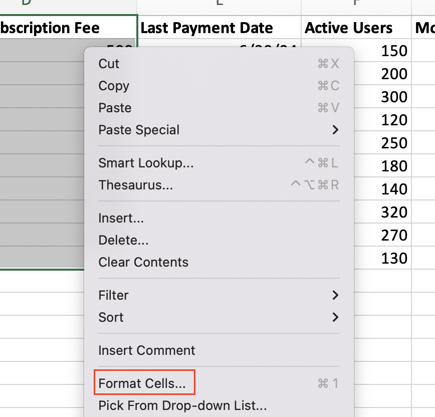 Selecting 'Format Cells' from the menu.