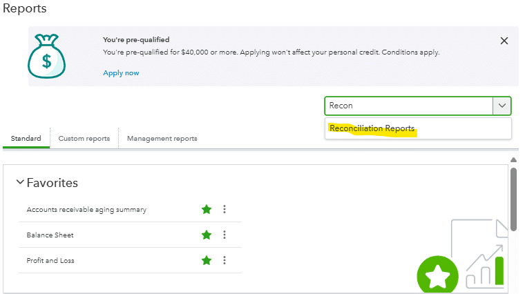 Selecting reconciliation reports from the dropdown.