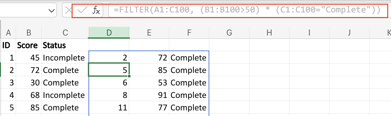 Looking at the results when it filters the rows in column B for values that are greater than 50.