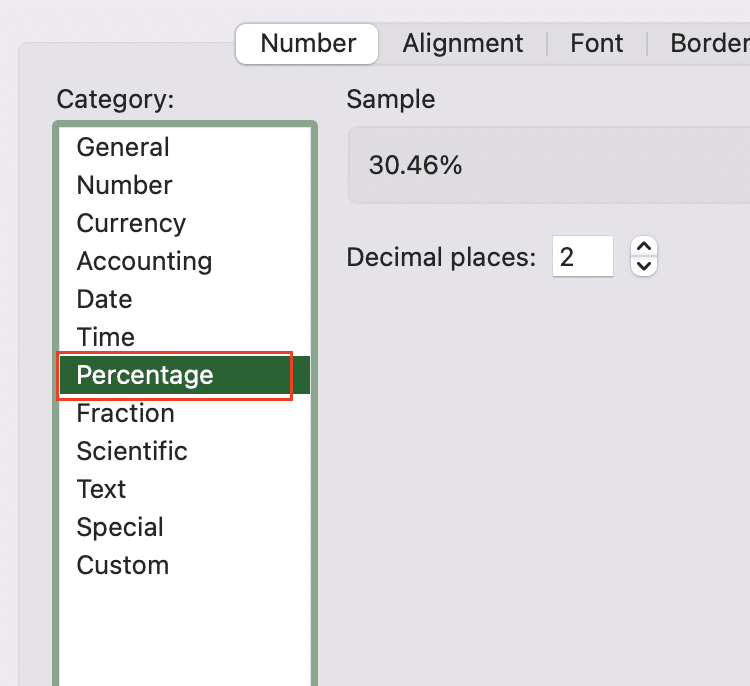 Selecting percentage as the category.