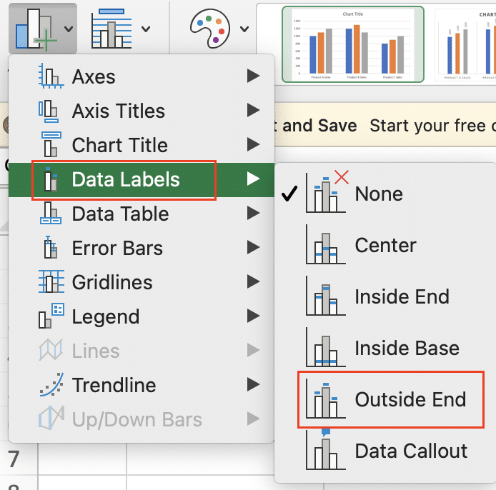 Selecting data labels and collecting none, then going to the outside end.