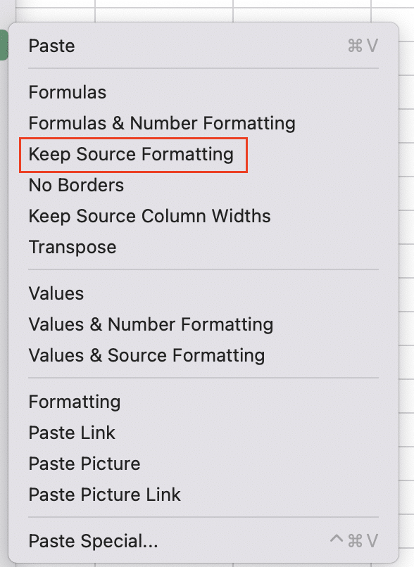 Selecting "Keep source formatting" from the list of available options.