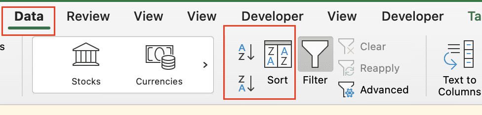 Selecting 'Sort data' from the menu.