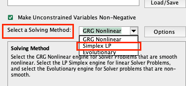 Selecting Simplex LP as the solving method from the dropdown menu.