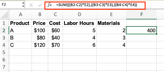 Calculating the total profit in Excel.