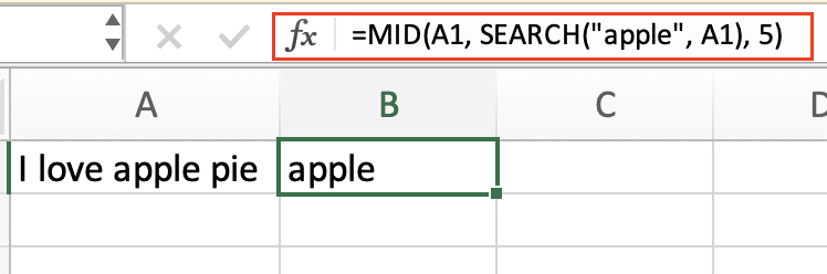 Using the mid function and returning a known value for 'apple'