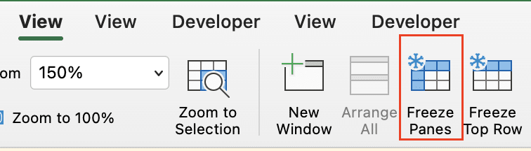 Selecting Freeze Panes from the menu.