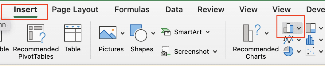 Selecting the chart types from the Insert ribbon menu item.