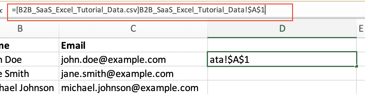 A screenshot of Excel automatically creating the correct syntax for the external reference.