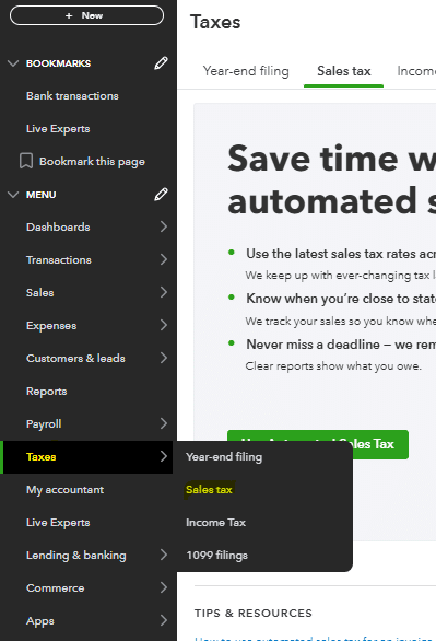 Selecting 'Taxes' and then 'Sales Tax' in the list of options.