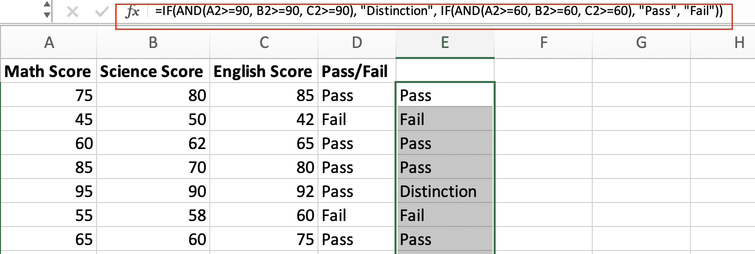 An example of students that passed and failed the exam in column E using the IF and ARGUMENT functions.