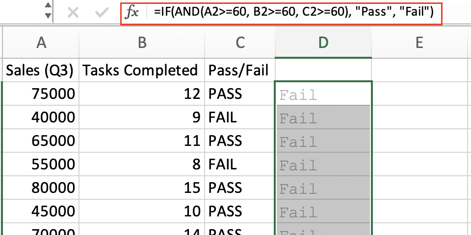 The results returning that all students have failed.