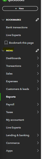 Selecting 'Menu' and going to 'Reports' in QuickBooks