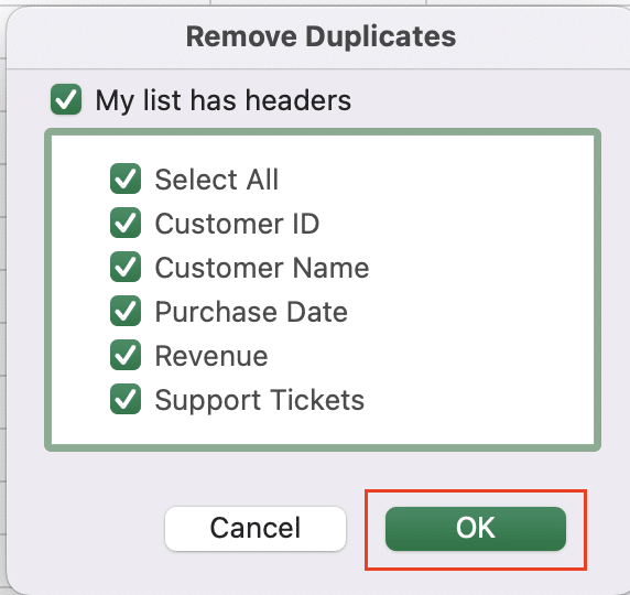 Selecting the list of available headers and clicking OK