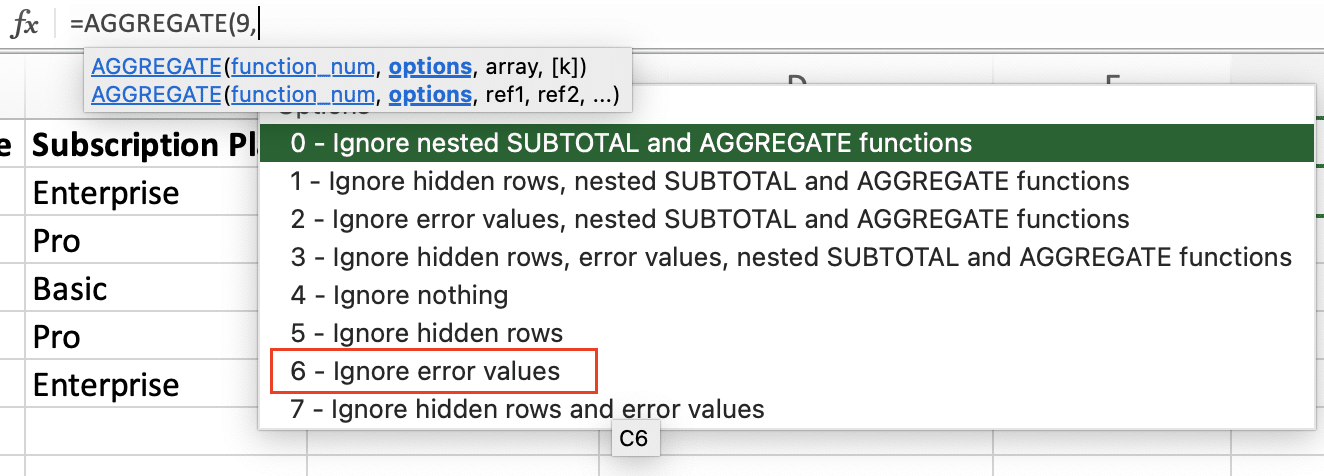 Selecting 'ignore error values' from the list of arguments.