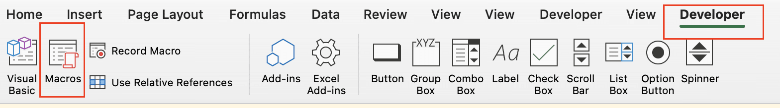 Selecting developer macros from the Excel menu.