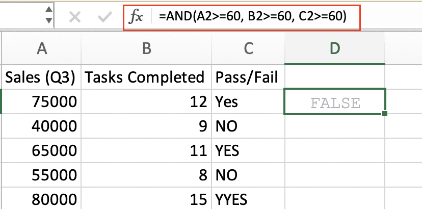 Creating a formula that checks if a student has passed all three subjects.