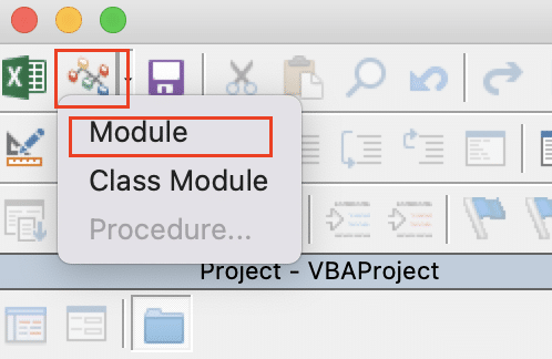 Selecting a module from the list of projects on the VBA.