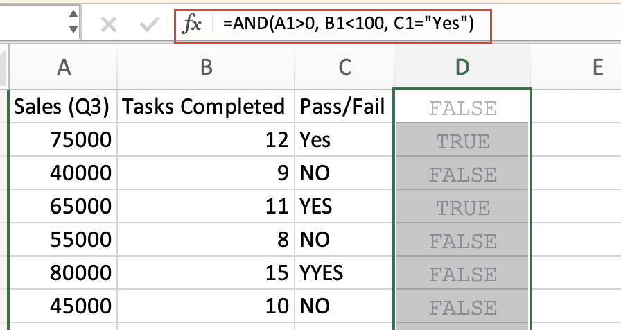 A screenshot of the AND function filled with arguments FALSE, TRUE, through all of column D.