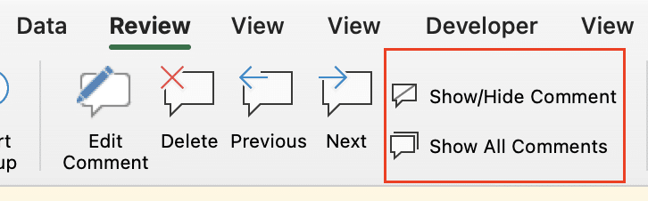 Selecting "Show or Hide Comments" or "Show All Comments" from the Excel menu.