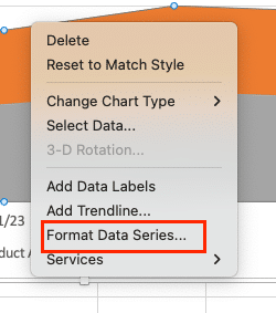 Selecting 'Format data series' from the menu.