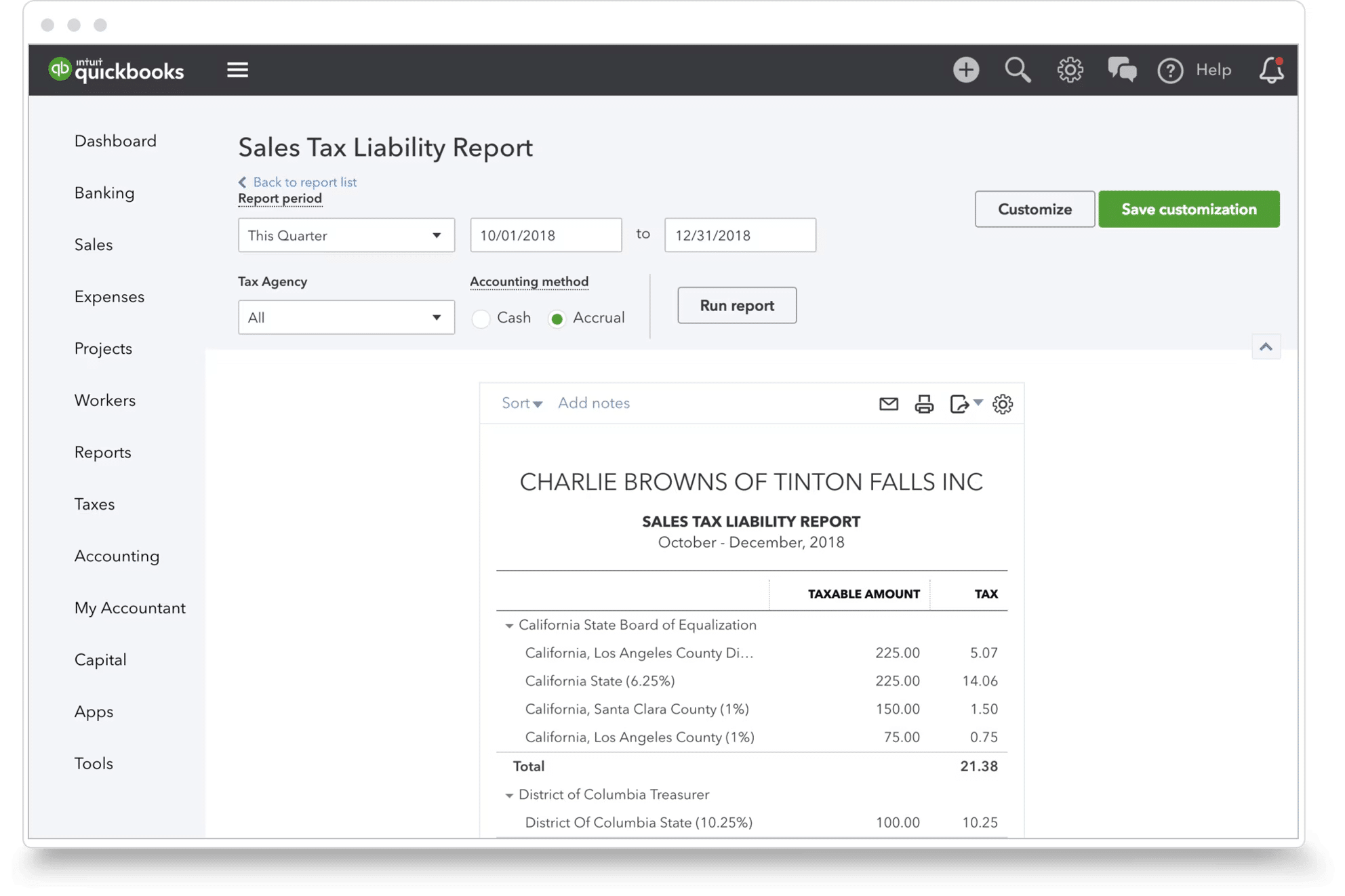 A screenshot showing the Sales Tax Liability report.