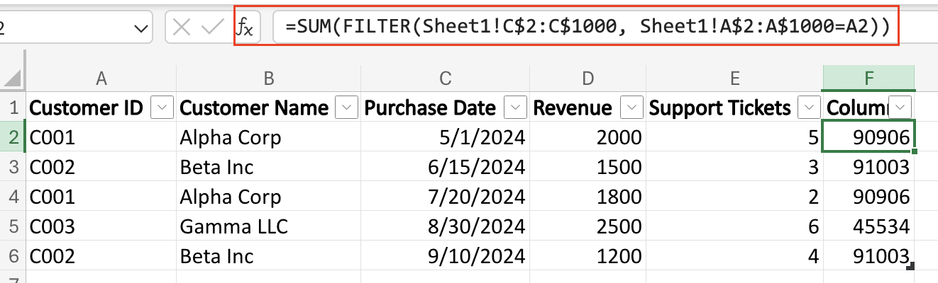 A screenshot of a cell returning a new value for a formula