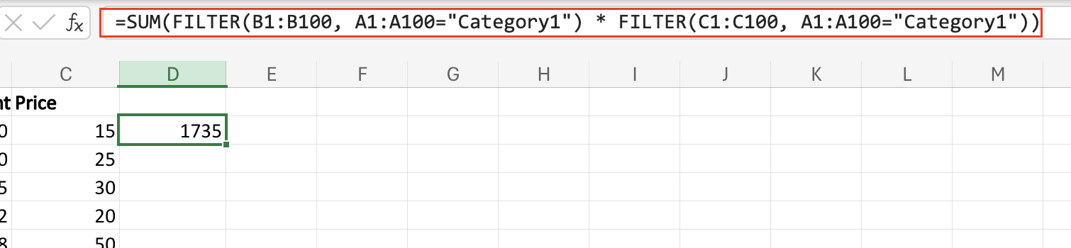 An example showing filter combined with other Excel functions like SUM.