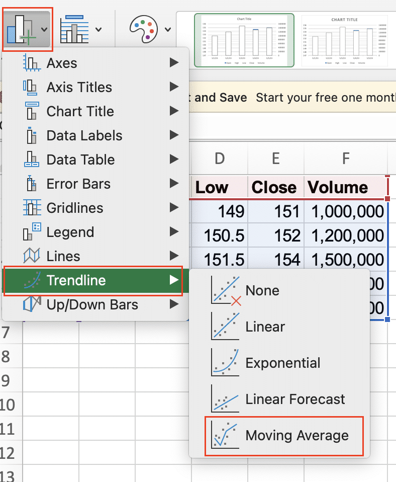 Selecting trend line, moving average.