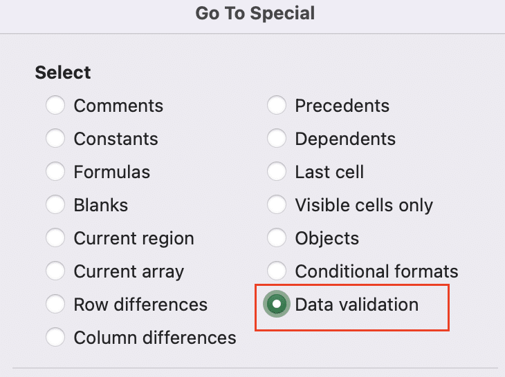 Selecting data validation from the list of options.