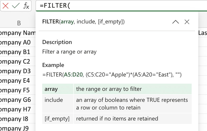 Opening the Excel sheet and selecting 'Equals' filter from the menu to choose the array, arrange, and cell containing your data.