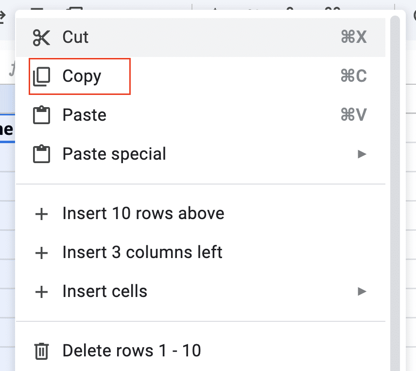 Selecting Copy from the menu.