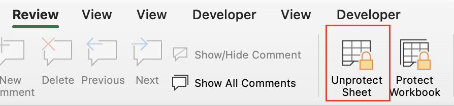 Clicking Unprotect Sheet from the menu.