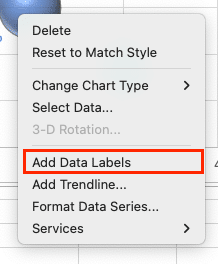 Selecting Add Data Labels from the menu.