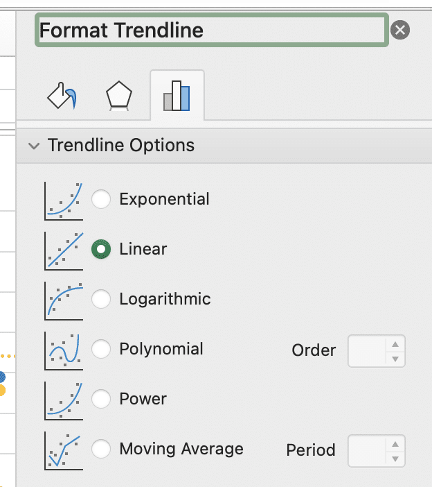 Clicking into the format trend line and selecting linear