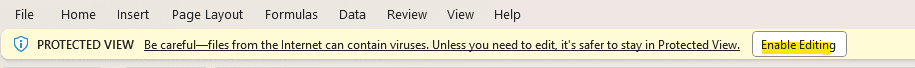 Excel Protected View warning banner with Enable Editing button
