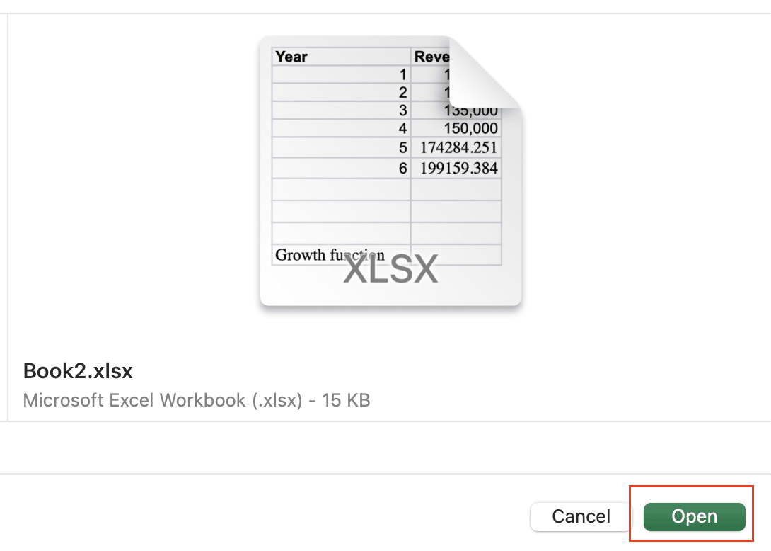 Open dialog box in Excel, file selected and open button highlighted