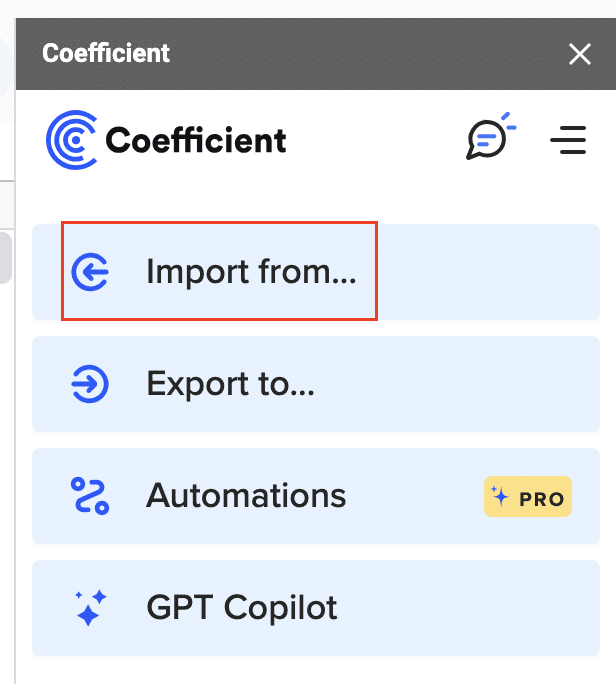 Coefficient sidebar and Excel showing the import from option